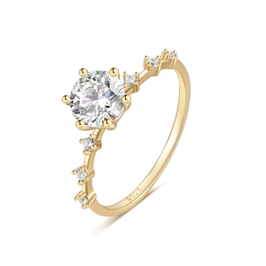 Detailed macro view showing the S925 hallmark on the golden six-prong engagement ring