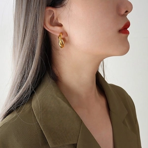 Polished 18K gold plated titanium steel C-shape twisted hoop earrings for women