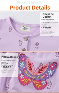 Detail of purple cotton dress featuring floral embroidery and classic wood buttons