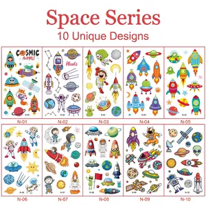 Detailed grid view of 10 waterproof space-themed cartoon tattoo stickers for children