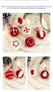 Detailed view of red and white wool felt Christmas balls with festive knitted patterns