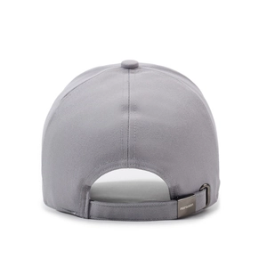 Rear view of a light gray baseball cap with an adjustable metal buckle and fine texture