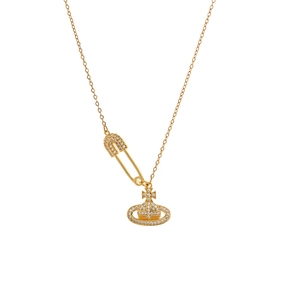 Gold Saturn orb and safety pin pendant necklace with micro-pave crystals on O-chain