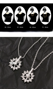 Size guide for snowflake necklace showing various lengths on male silhouettes and detail