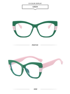 Vues détaillées de lunettes œil de chat vertes avec branches et bords roses contrastés