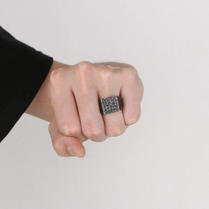 Men's punk titanium steel ring featuring a square wide band with a unique hammered texture