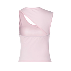 Close-up of pink sleeveless top featuring a unique asymmetric neckline and cutout detail