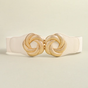 Detail showing interlocking golden woven buckle and beige faux leather texture of the belt