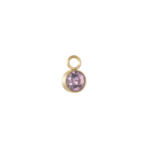 Close-up of a round lavender zircon pendant with a polished gold-plated finish