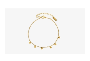 Détail de la cheville plaquée or 14K avec breloques disques polis et fermoir mousqueton