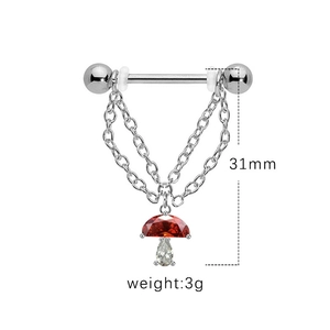 Silver mushroom heart chain nipple ring with red rhinestones and 31mm barbell bar