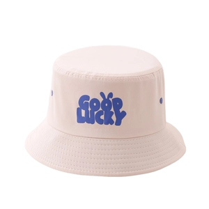 Pink kids fisherman hat with Good Lucky letters and rabbit ear design wide brim