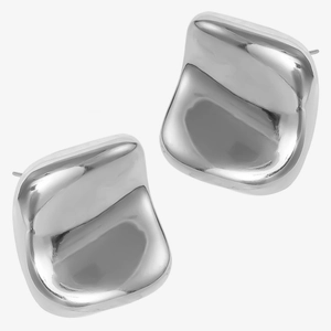 Macro shot of silver 304 stainless steel stud earrings with irregular melting metal texture