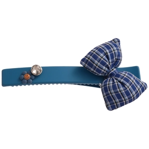 Blue matte hair clip with checkered bow, resin flower and diamond, sweet hair accessory