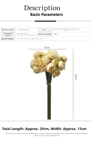 Detail view of 29cm cream silk peony bouquet with 27 heads and product dimensions