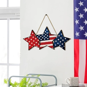 Rustic Independence Day wooden stars wall decor with American flag pattern and hanging rope
