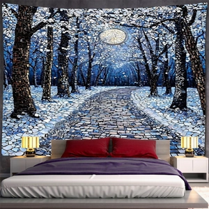 Detail of artistic winter forest tapestry featuring mosaic moonlit snow scene over bed