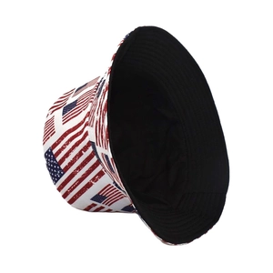 Detail of reversible bucket hat showing American flag print and black inner lining