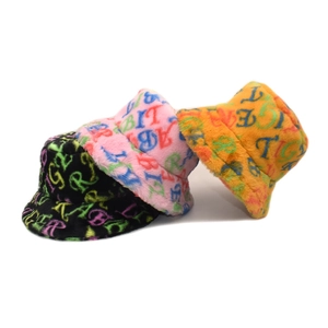 Plush winter bucket hats with colorful letter prints in black pink and orange colors