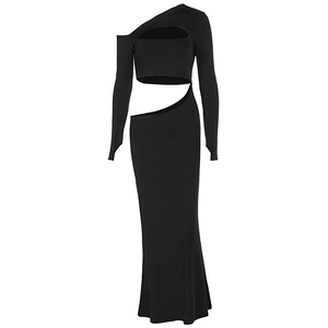 Slim fit black one-shoulder maxi dress with long sleeve and stylish hollow out details