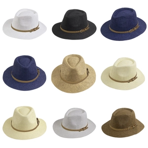 Retro Panama Straw Fedora Hat Sun Protection Paper Braid Summer Beach Travel Vintage Leather Belt Buckle For Men Women
