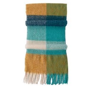 Soft checkered mohair scarf with tassels in vibrant yellow, blue and cream white tones