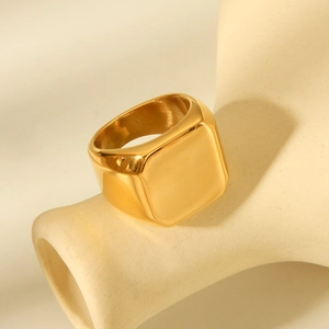 Square Signet Ring 18K Gold Plated Stainless Steel Polished Geometric Solid Minimalist Statement Jewelry For Women