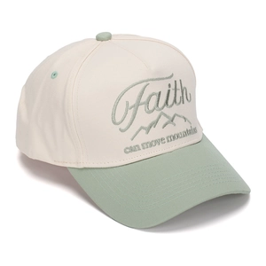 Detail view of Faith can move mountains embroidery on a cotton baseball cap