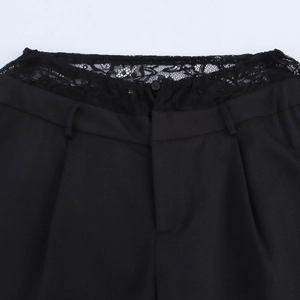 Women's black tailored trousers with elegant lace waist splicing and button details