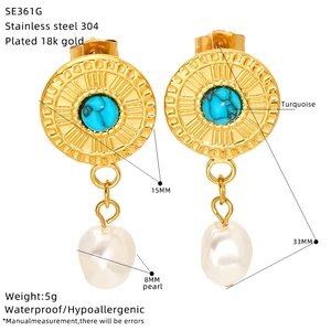 Detailed size specifications for retro gold fan-shaped turquoise and pearl drop earrings