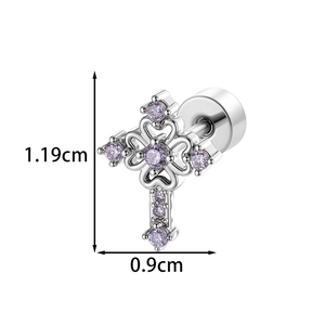 Silver cross stud earring with purple zircon hearts and 1.19cm x 0.9cm size dimensions