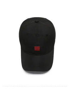 Top view of black quick-dry baseball cap featuring breathable honeycomb fabric and red logo