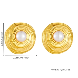 Detailed view of gold pearl earrings featuring spiral texture with size and weight specs