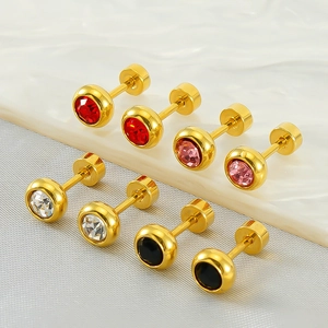 Round Rhinestone Stud Earrings 18K Gold Plated Stainless Steel Flat Screw Back Cartilage Piercing Minimalist For Women