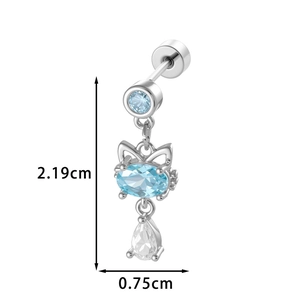 Cat-shaped silver earring with blue oval zircon and teardrop pendant, 2.19cm height