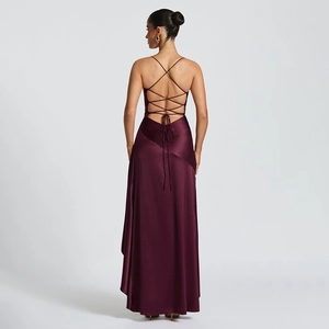 Elegant burgundy satin long dress featuring an open back with delicate crisscross ties