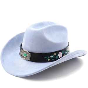 Close-up of light blue felt cowboy hat with embroidered floral band and gemstone buckle
