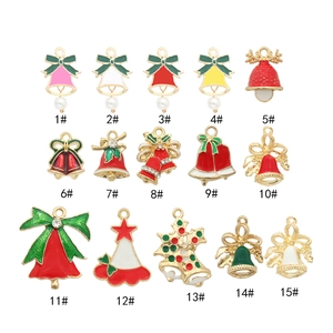 Macro detail of 15 colorful Christmas alloy charms with enamel, pearls and rhinestones
