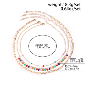 Detailed dimensions of a 3-layer colorful dopamine bead necklace set in gold finish