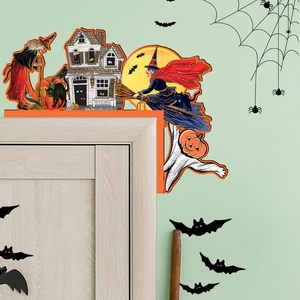 Retro Halloween wooden door corner decor featuring witch, pumpkin, and ghost designs
