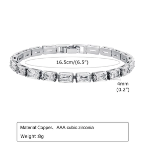 Silver bracelet with rectangular cubic zirconia including dimensions and material data