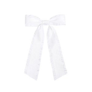 Elegant white fabric bow hair clip with long fishtail streamers and pleated edges