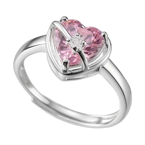 Silver adjustable ring with pink heart gemstone and small diamond accents on white base