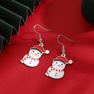 Detailed view of snowman Christmas earrings with red hat and scarf on a festive red background