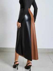 Slim fit high waist PU leather maxi skirt in black and brown patchwork design