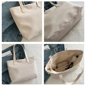 Detail view of large beige tote bag with interior compartments and multiple angles