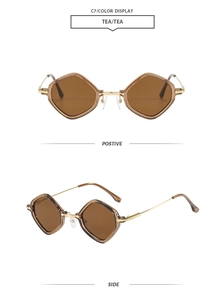 Detailed views of gold metal diamond-frame sunglasses with tea lenses from two angles