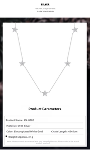 Detailed spec sheet for S925 silver star pendant necklace with dimensions and weight info