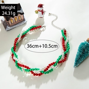 Chic Christmas woven pearl necklace with red green and white beads in a festive holiday style