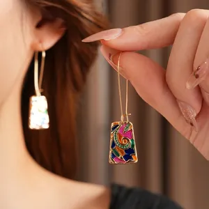 Vintage style colorful enamel rectangle drop earrings in gold finish for women